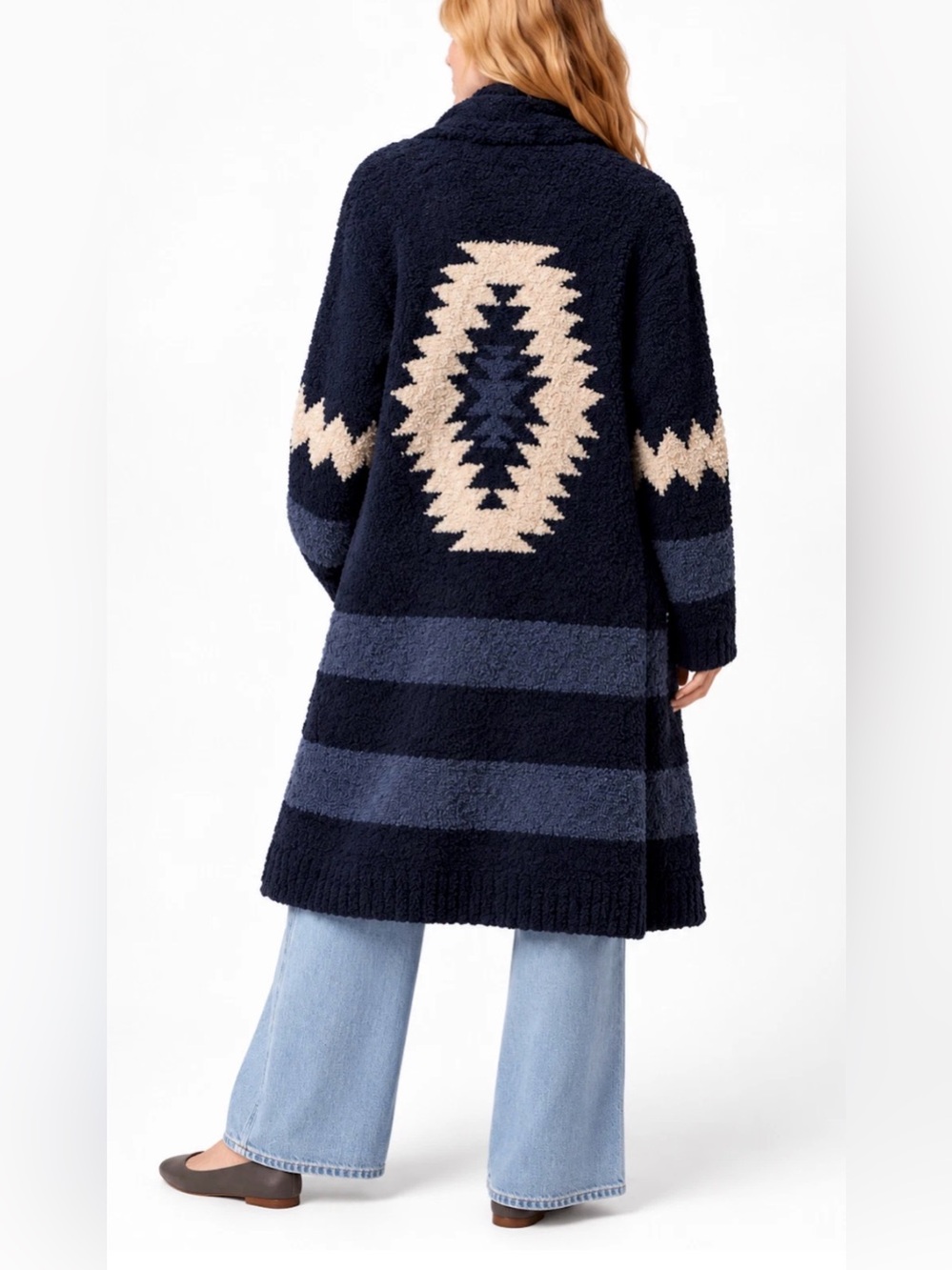 NWT KASHWERE NAVY AZTEC CHENILLA SHAWL COLLAR CARDIGAN COAT ONE SIZE